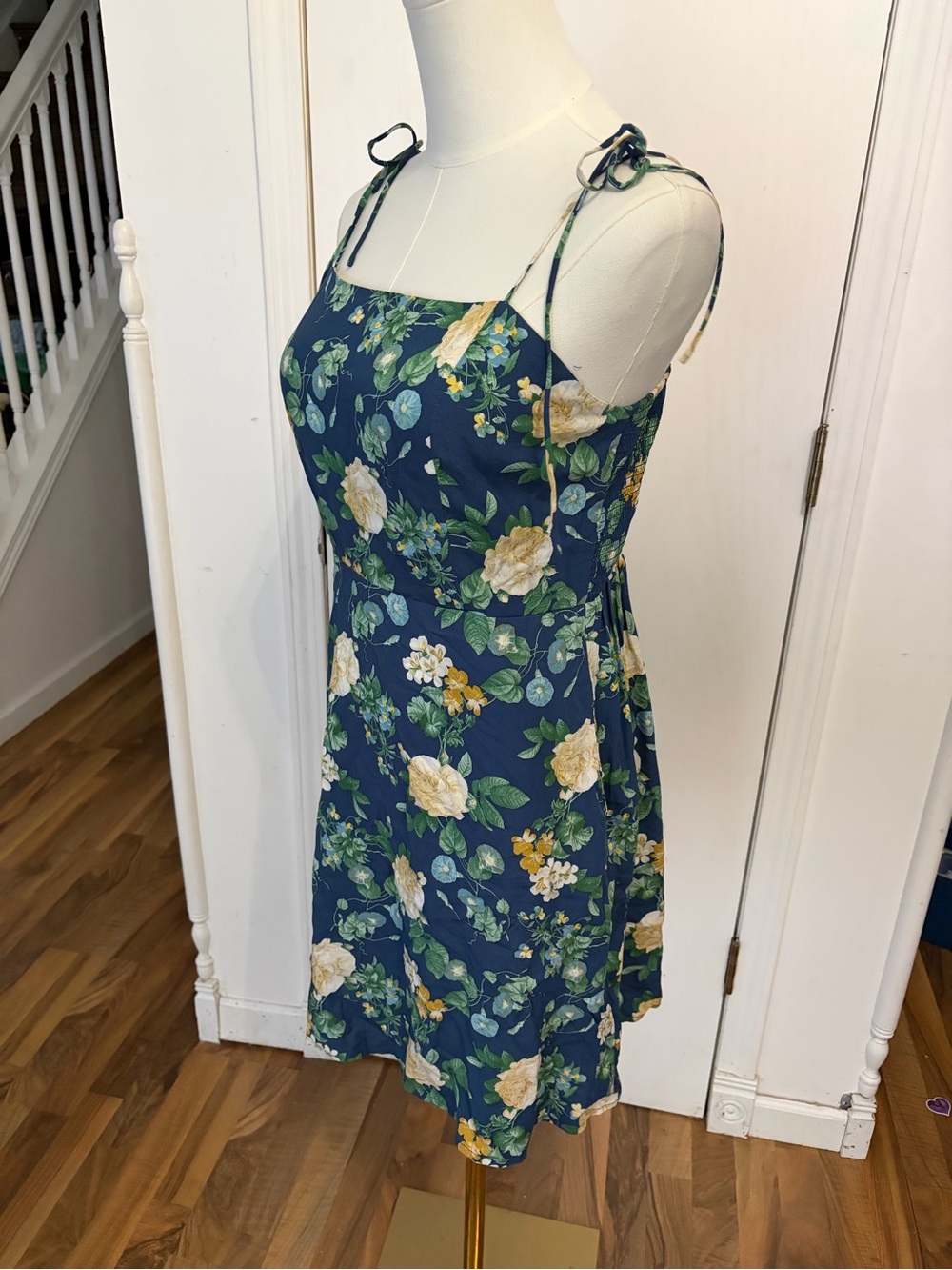 Navy Yellow Roses Floral Tie-Shoulder Mini Dress, NWT, Medium - Picture 2 of 11